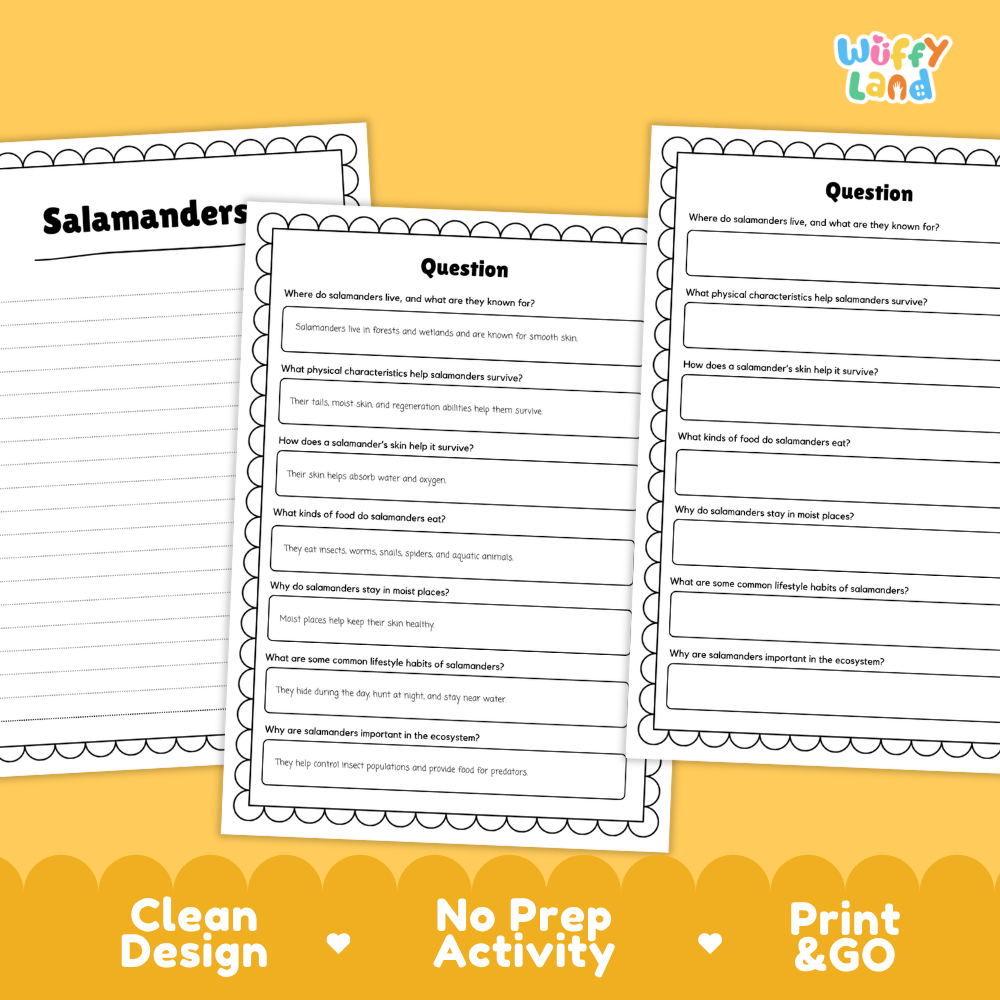 Salamander Reading Passage and Comprehension Questions Worksheets with Answer Key