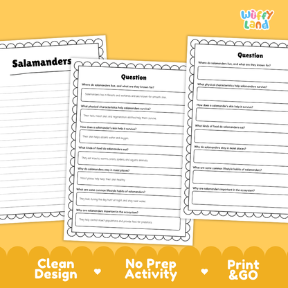 Salamander Reading Passage and Comprehension Questions Worksheets with Answer Key