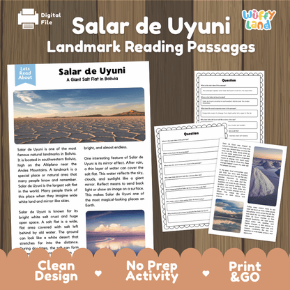 Salar de Uyuni Landmark Reading Passages and Comprehension Worksheets