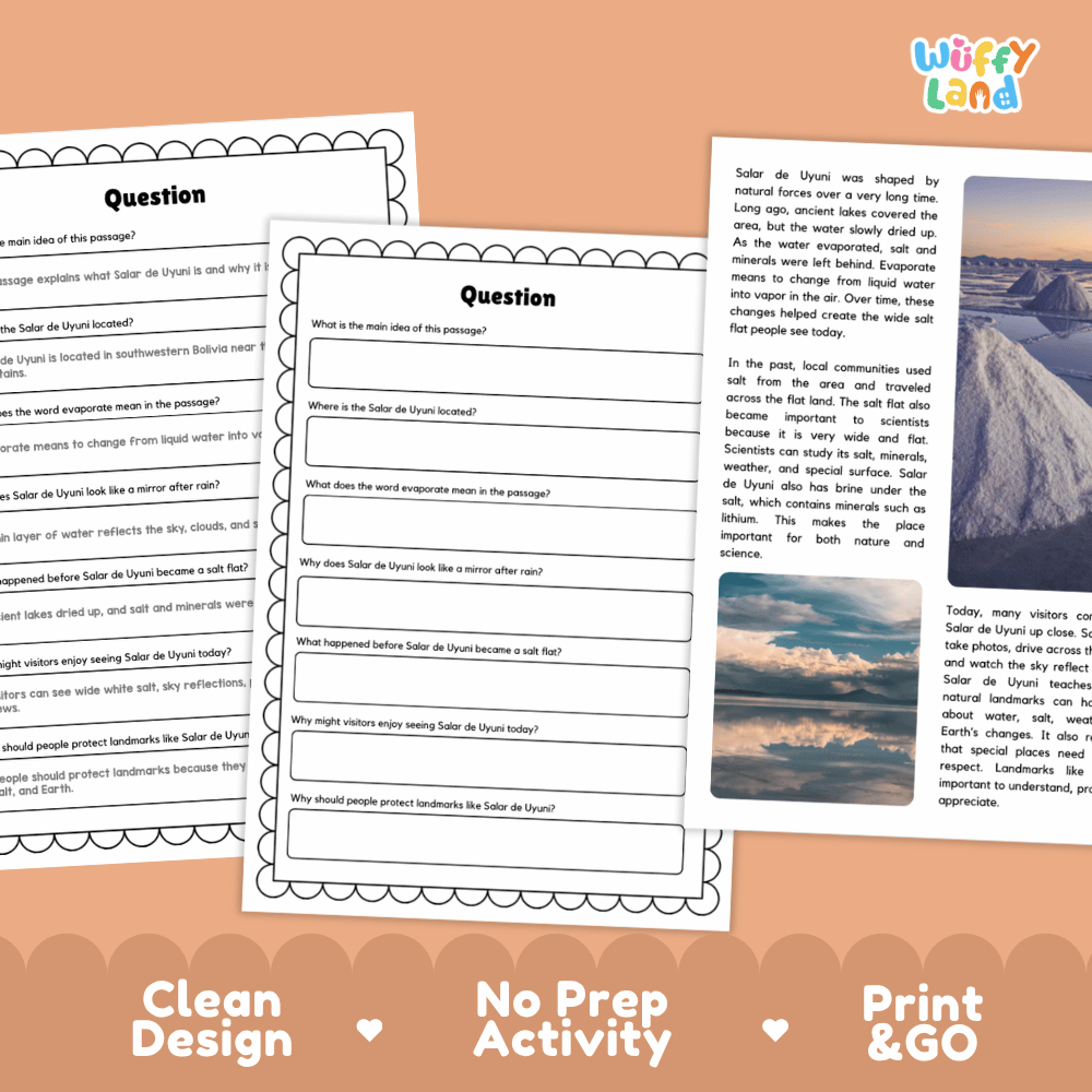 Salar de Uyuni Landmark Reading Passages and Comprehension Worksheets
