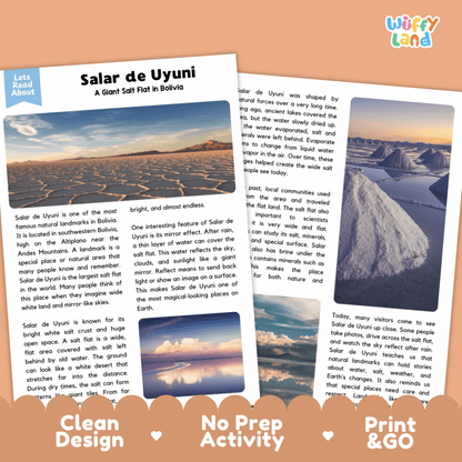 Salar de Uyuni Landmark Reading Passages and Comprehension Worksheets