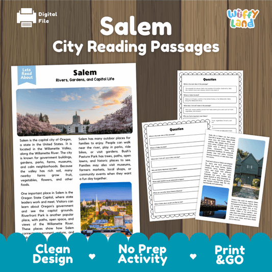 Salem city reading passages and comprehension worksheet educational unit featuring nonfiction text and authentic Oregon State Capitol cherry blossoms photography