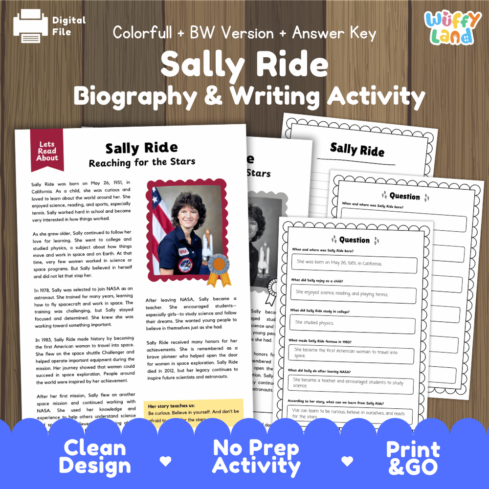 Digital printable activity sheet set for 'Sally Ride Biography & Writing Activity' shown on a wood background with branding at the top and a blue banner at the bottom. The sheets include a biography text page, a photo collage, and writing prompts.