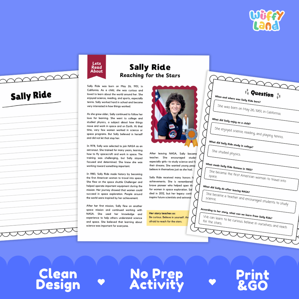 Educational activity sheet set about Sally Ride, featuring a main printed page with text, a small photo of Sally Ride, and two worksheet pages shown on a blue background with the text 'Clean Design', 'No Prep Activity', and 'Print & GO'.