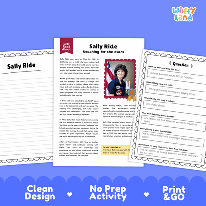 Educational activity sheet set about Sally Ride, featuring a main printed page with text, a small photo of Sally Ride, and two worksheet pages shown on a blue background with the text 'Clean Design', 'No Prep Activity', and 'Print & GO'.