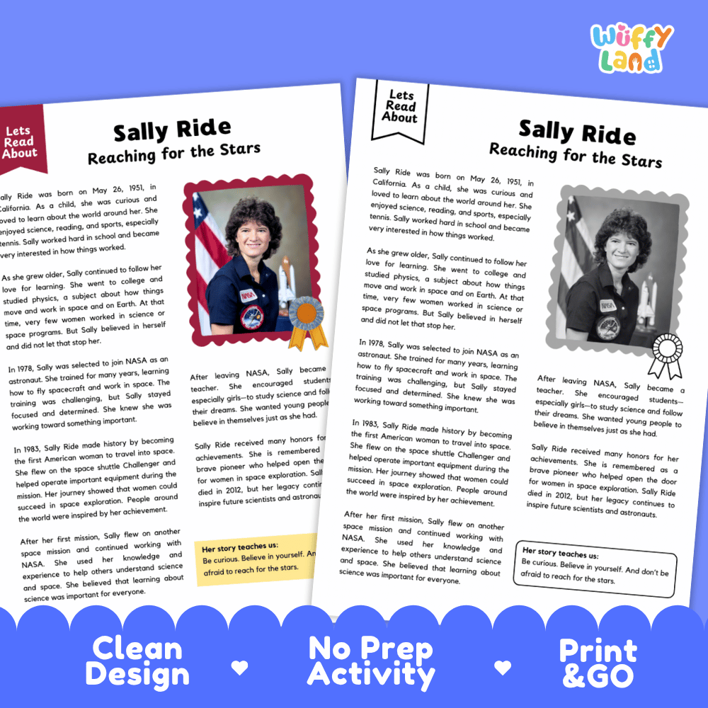 Two printable educational activity sheets about Sally Ride, displayed on a blue background with the text 'Clean Design', 'No Prep Activity', and 'Print & GO'. The sheets feature photos of Sally Ride, biographical text, and activity areas.