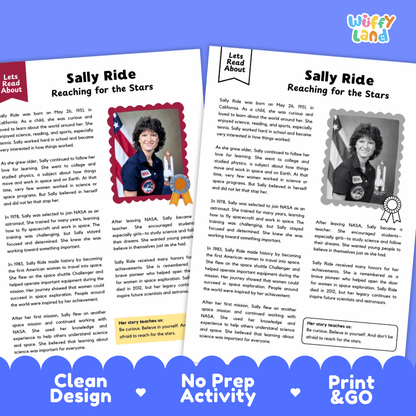 Two printable educational activity sheets about Sally Ride, displayed on a blue background with the text 'Clean Design', 'No Prep Activity', and 'Print & GO'. The sheets feature photos of Sally Ride, biographical text, and activity areas.