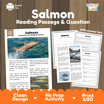 Digital reading activity sheet set about salmon, shown on a wood background with the title 'Salmon Reading Passage & Question.' The image includes a sample passage page, worksheet pages with questions, and orange banners reading 'Clean Design,' 'No Prep Activity,' and 'Print & GO.