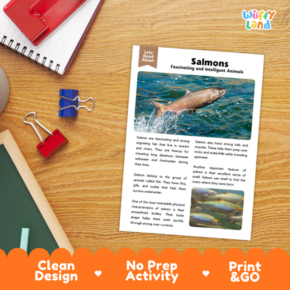 An educational worksheet titled 'Salmons Fascinating and Intelligent Animals' displayed on a wooden desk with office supplies. The worksheet features a photo of a salmon swimming and text about salmon facts.