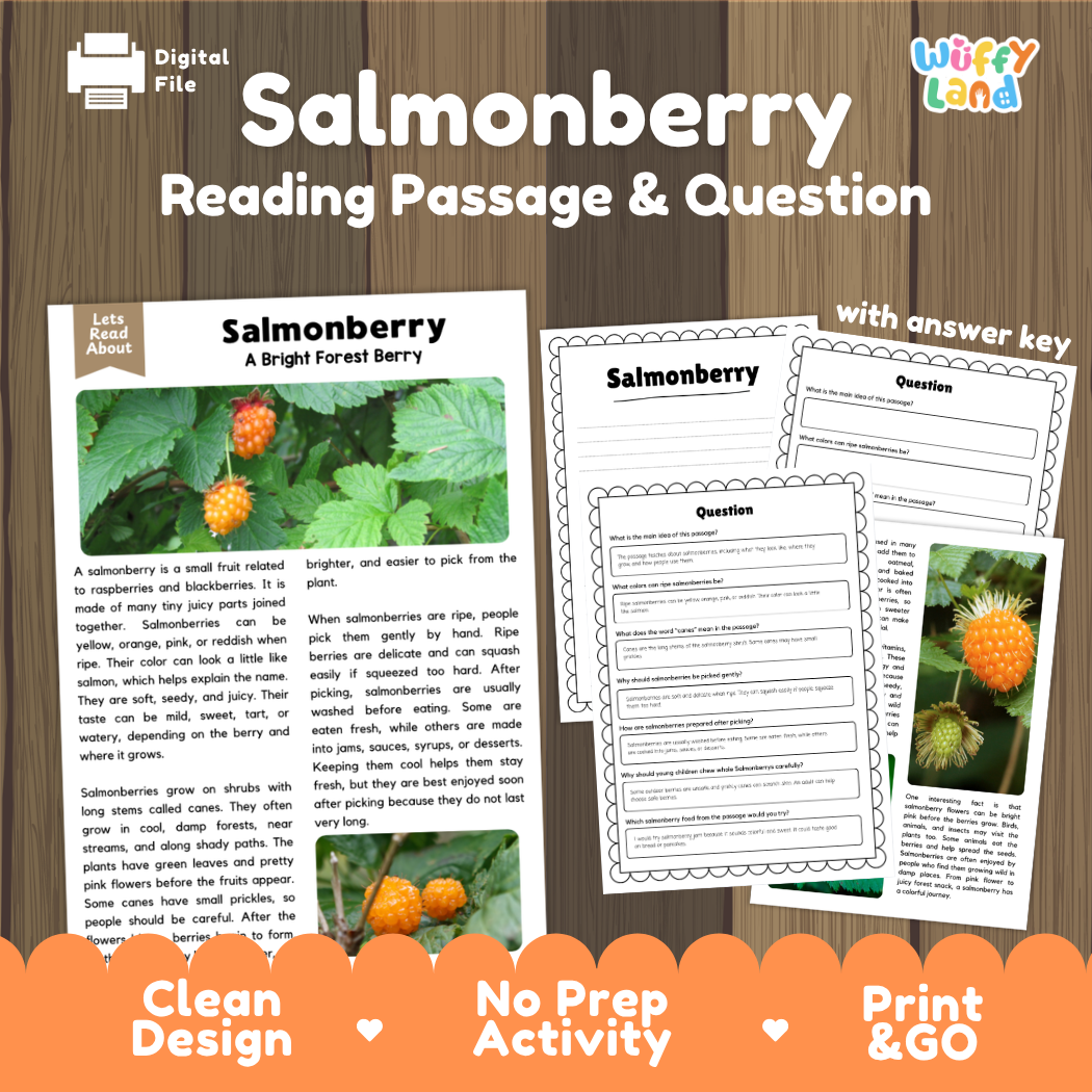 Salmonberry reading comprehension passage and questions printable activity pack with answer key for elementary students