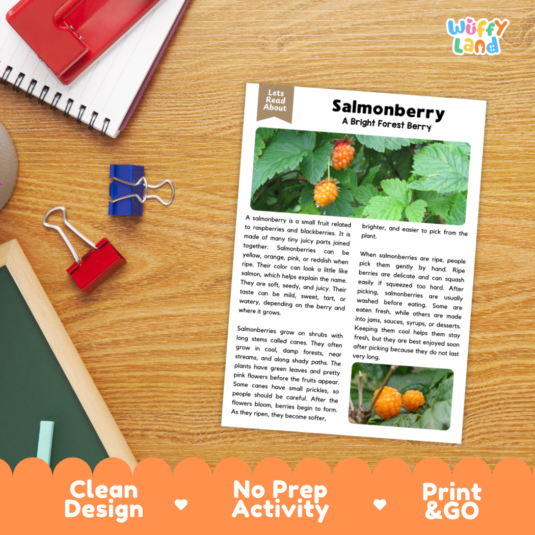 Student reading comprehension worksheet with short-answer questions and lined sections about salmonberries