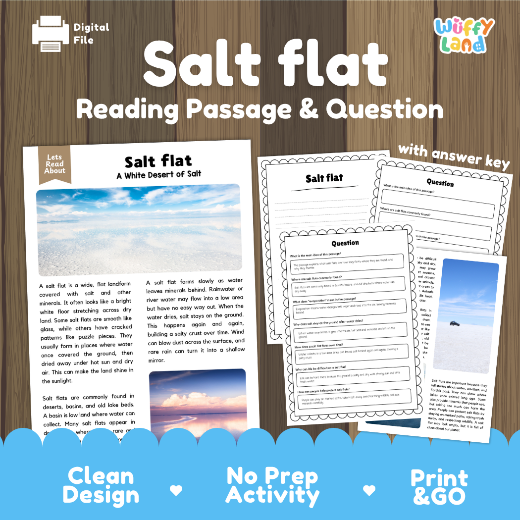 Salt flat landform reading comprehension passage and questions printable activity pack with answer key for elementary students