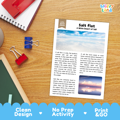 Student reading comprehension worksheet with short-answer questions and lined sections about salt flats