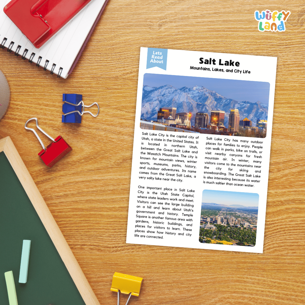 Student reading passage titled Mountains Lakes and City Life detailing Salt Lake City Utah State Capitol Great Salt Lake fry sauce and city valley photography