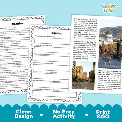 Lined reading comprehension question worksheet covering main ideas vocabulary terms salty water facts and winter ski tourism in Salt Lake City Utah