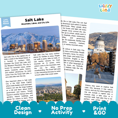 Reference sheet and answer key for Salt Lake City landmark reading passage displaying completed comprehension answers and United States geography facts