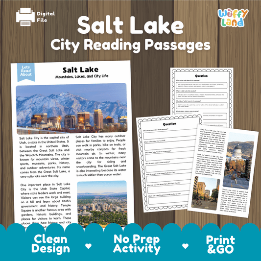 Salt Lake City reading passages and comprehension worksheet educational unit featuring nonfiction text and authentic Salt Lake City Utah skyline backed by the Wasatch Mountains photography