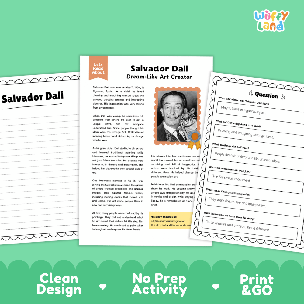 Three printable educational activity sheets about Salvador Dali arranged on a green background with marketing text reading 'Clean Design', 'No Prep Activity', and 'Print & GO'. The sheets include a main worksheet titled 'Salvador Dali Dream-Like Art Creator' with a portrait photo and text, plus two side activity pages with question boxes.