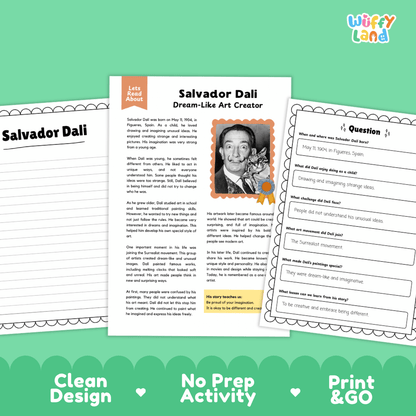 Three printable educational activity sheets about Salvador Dali arranged on a green background with marketing text reading 'Clean Design', 'No Prep Activity', and 'Print & GO'. The sheets include a main worksheet titled 'Salvador Dali Dream-Like Art Creator' with a portrait photo and text, plus two side activity pages with question boxes.