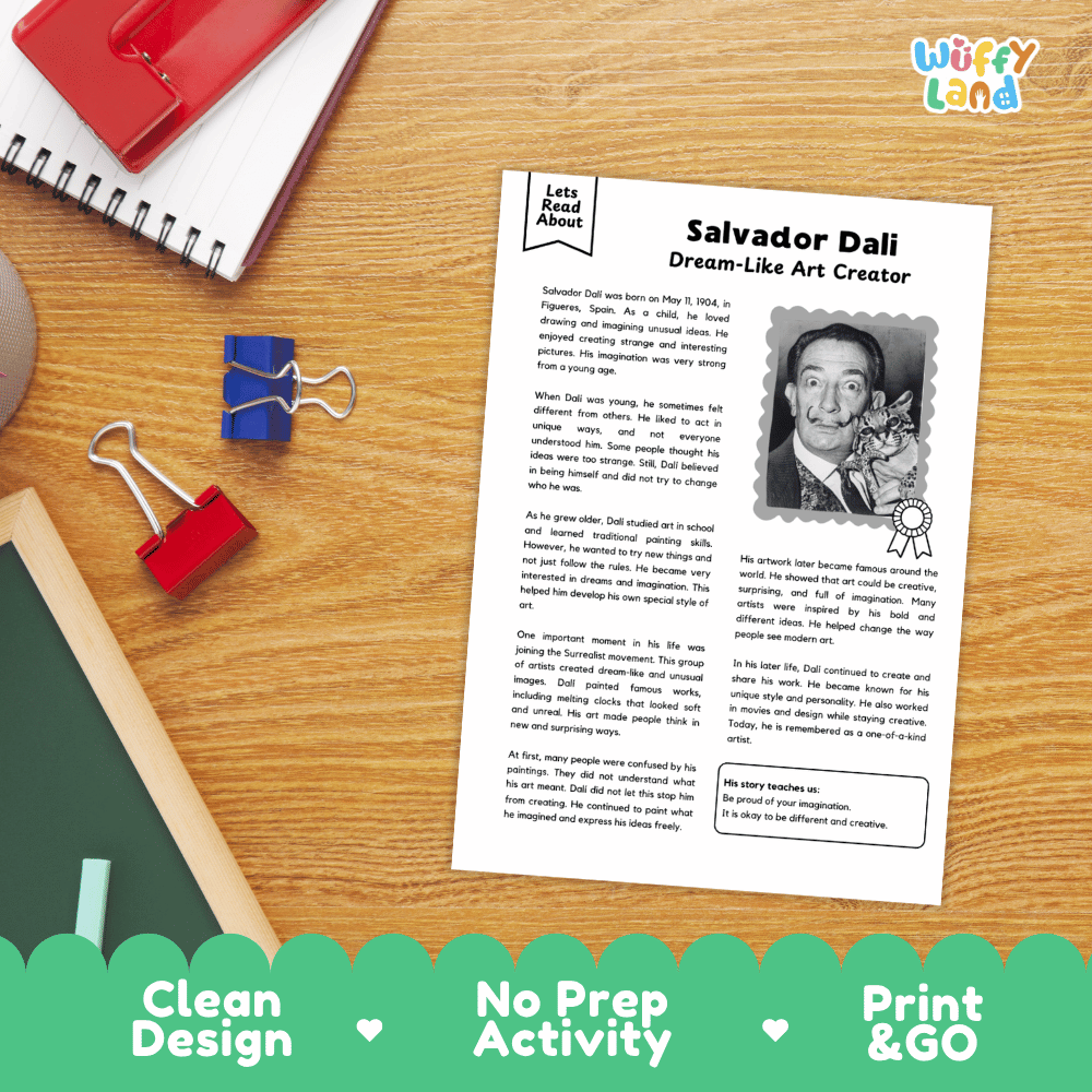A printed educational activity sheet titled 'Salvador Dali Dream-Like Art Creator' laid on a wooden desk, surrounded by a red notebook, blue and red binder clips, and a pencil. The sheet includes a black-and-white portrait of Salvador Dali and text about his life and art.