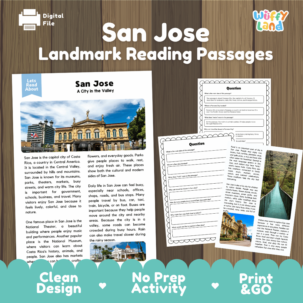 San Jose landmark reading passage and comprehension worksheet educational unit featuring nonfiction text and authentic San Jose Costa Rica city photography
