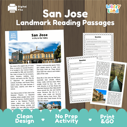 San Jose landmark reading passage and comprehension worksheet educational unit featuring nonfiction text and authentic San Jose Costa Rica city photography