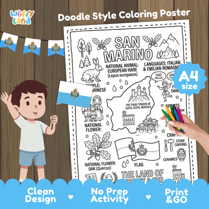 San Marino country study doodle style coloring poster printable page featuring map, Three Towers, and cultural symbols