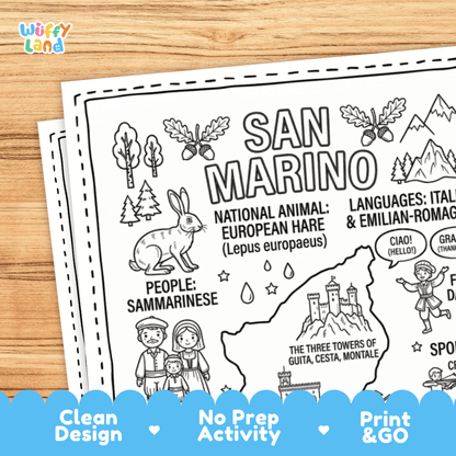 Cultural coloring page featuring traditional Sammarinese attire, stone carving craft, ceramics, and Ciao greeting speech bubbles
