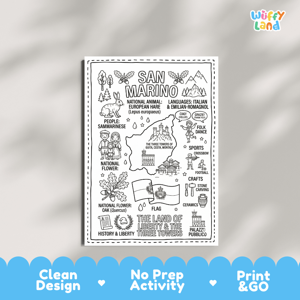 Educational activity coloring page highlighting San Marino national animal European Hare, Oak tree acorns, and national flag