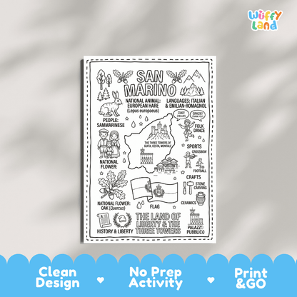 Educational activity coloring page highlighting San Marino national animal European Hare, Oak tree acorns, and national flag