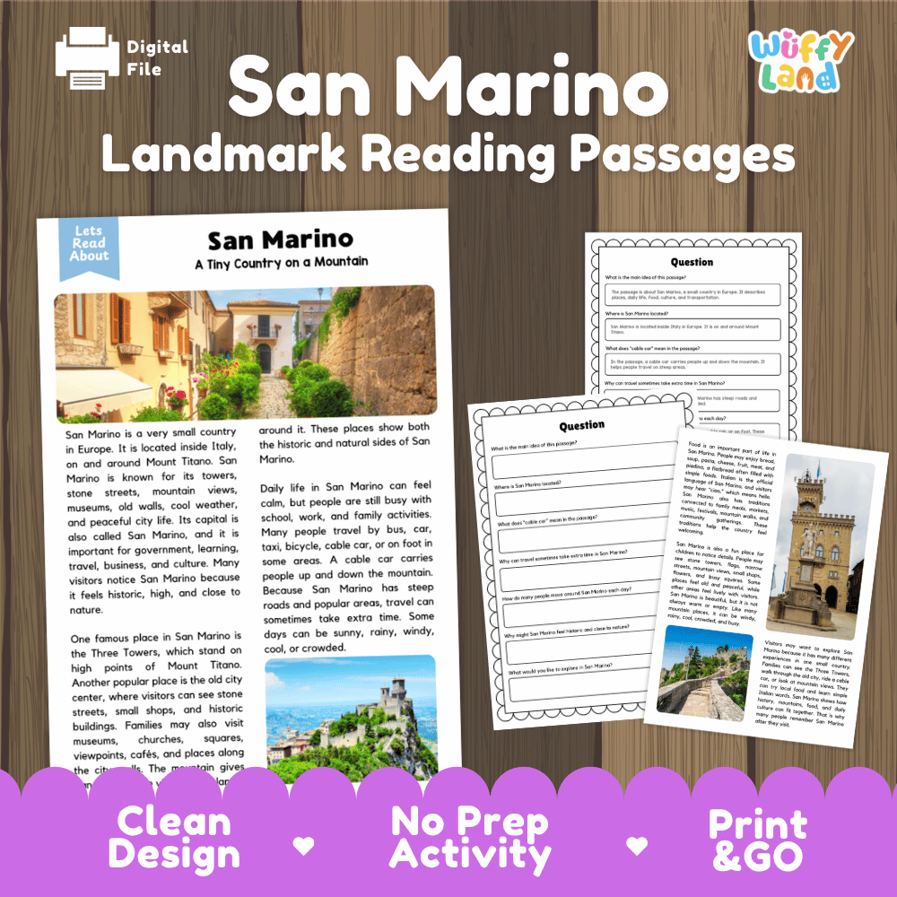 San Marino landmark reading passages educational unit featuring nonfiction text and authentic San Marino Mount Titano fortress photography