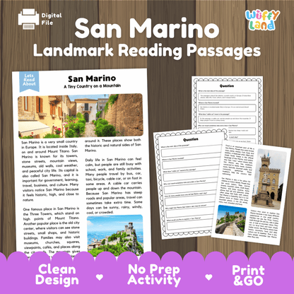 San Marino landmark reading passages educational unit featuring nonfiction text and authentic San Marino Mount Titano fortress photography