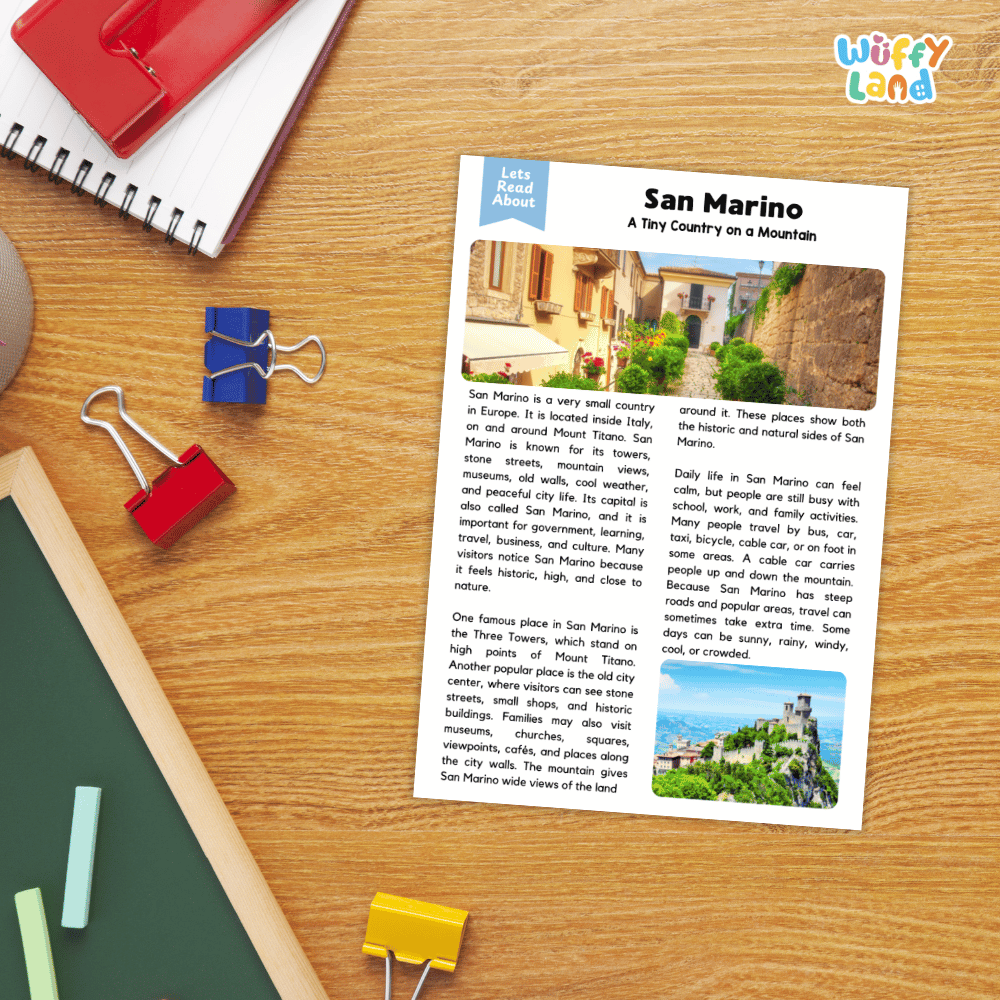 Lined reading comprehension question worksheet covering main ideas vocabulary terms and landmark facts about San Marino
