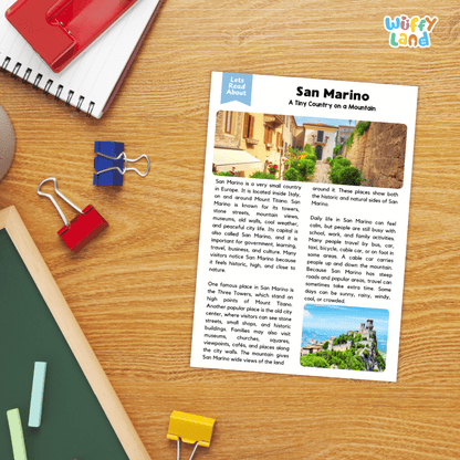 Lined reading comprehension question worksheet covering main ideas vocabulary terms and landmark facts about San Marino