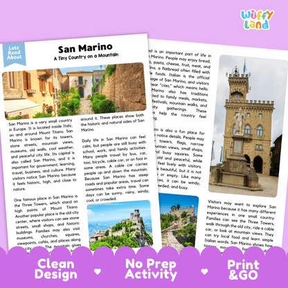 Reference sheet and answer key for San Marino landmark reading passage displaying completed comprehension answers and European geography facts