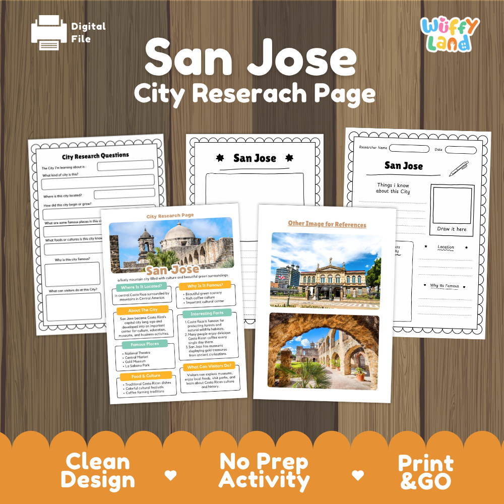 San Jose City Research Page printable activity sheet set by Wiffy Land, displayed on a wood-grain background with an orange banner at the bottom highlighting key features.