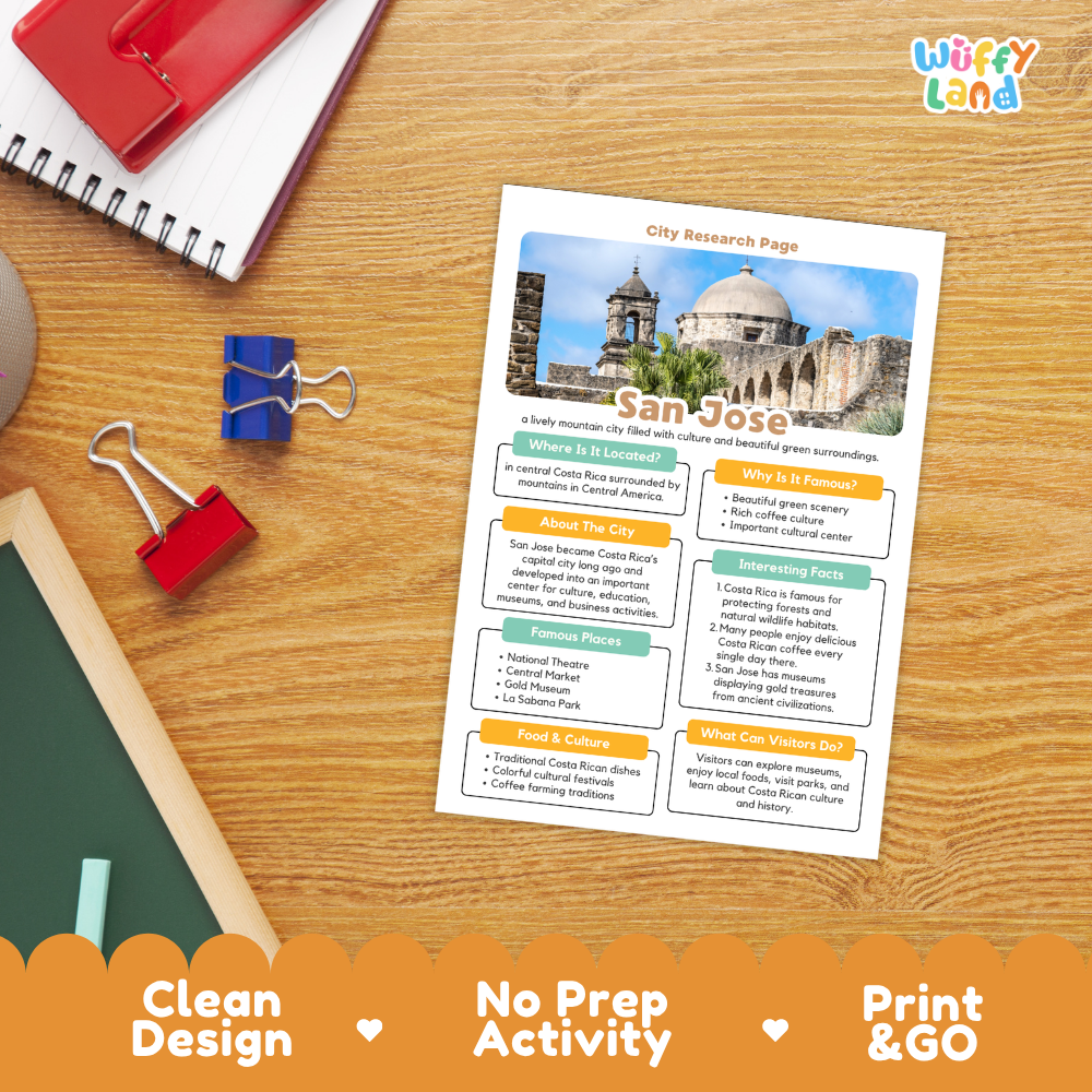 A printed San Jose city research page activity sheet displayed on a wooden desk with notebooks, binder clips, chalk, and an orange decorative banner. The sheet includes a city map, text sections, and a colorful header.