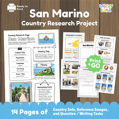 A country research project worksheet for San Marino showing key facts such as the capital city (City of San Marino), population, language, currency, and size. The image includes San Marino’s flag with its coat of arms, climate information, interesting facts, and visuals of towers and castles. Additional pages highlight geography and location, traditional clothing and music, sports and performing arts, famous landmarks, and printable student activity pages.