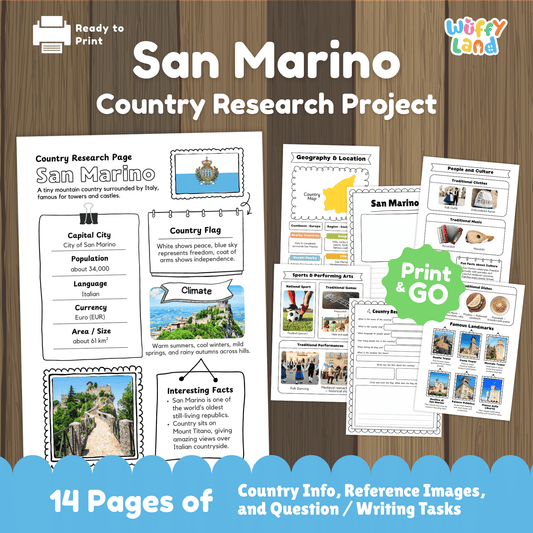 A country research project worksheet for San Marino showing key facts such as the capital city (City of San Marino), population, language, currency, and size. The image includes San Marino’s flag with its coat of arms, climate information, interesting facts, and visuals of towers and castles. Additional pages highlight geography and location, traditional clothing and music, sports and performing arts, famous landmarks, and printable student activity pages.