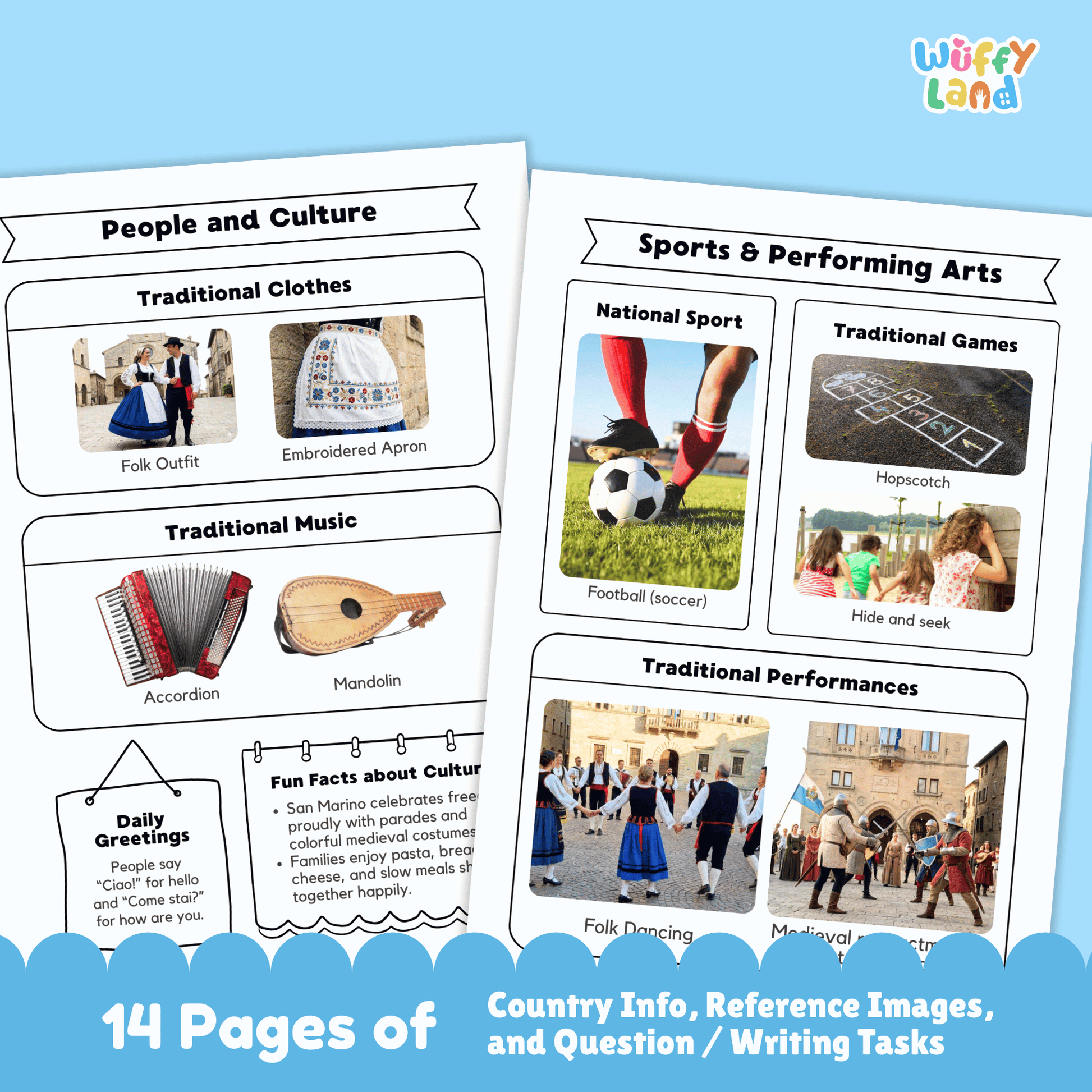 A country research project worksheet for San Marino showing key facts such as the capital city (City of San Marino), population, language, currency, and size. The image includes San Marino’s flag with its coat of arms, climate information, interesting facts, and visuals of towers and castles. Additional pages highlight geography and location, traditional clothing and music, sports and performing arts, famous landmarks, and printable student activity pages.