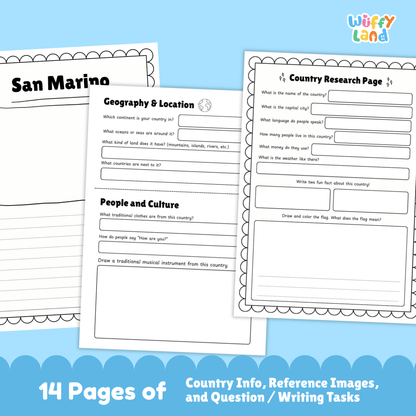 A country research project worksheet for San Marino showing key facts such as the capital city (City of San Marino), population, language, currency, and size. The image includes San Marino’s flag with its coat of arms, climate information, interesting facts, and visuals of towers and castles. Additional pages highlight geography and location, traditional clothing and music, sports and performing arts, famous landmarks, and printable student activity pages.