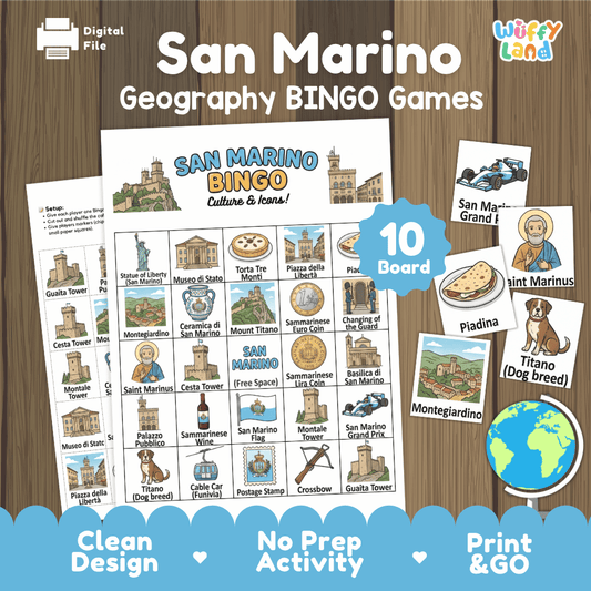 Classroom educational Bingo game cards featuring Saint Marinus, Piadina flatbread, Montegiardino, and Titano Dog 🎲🫓