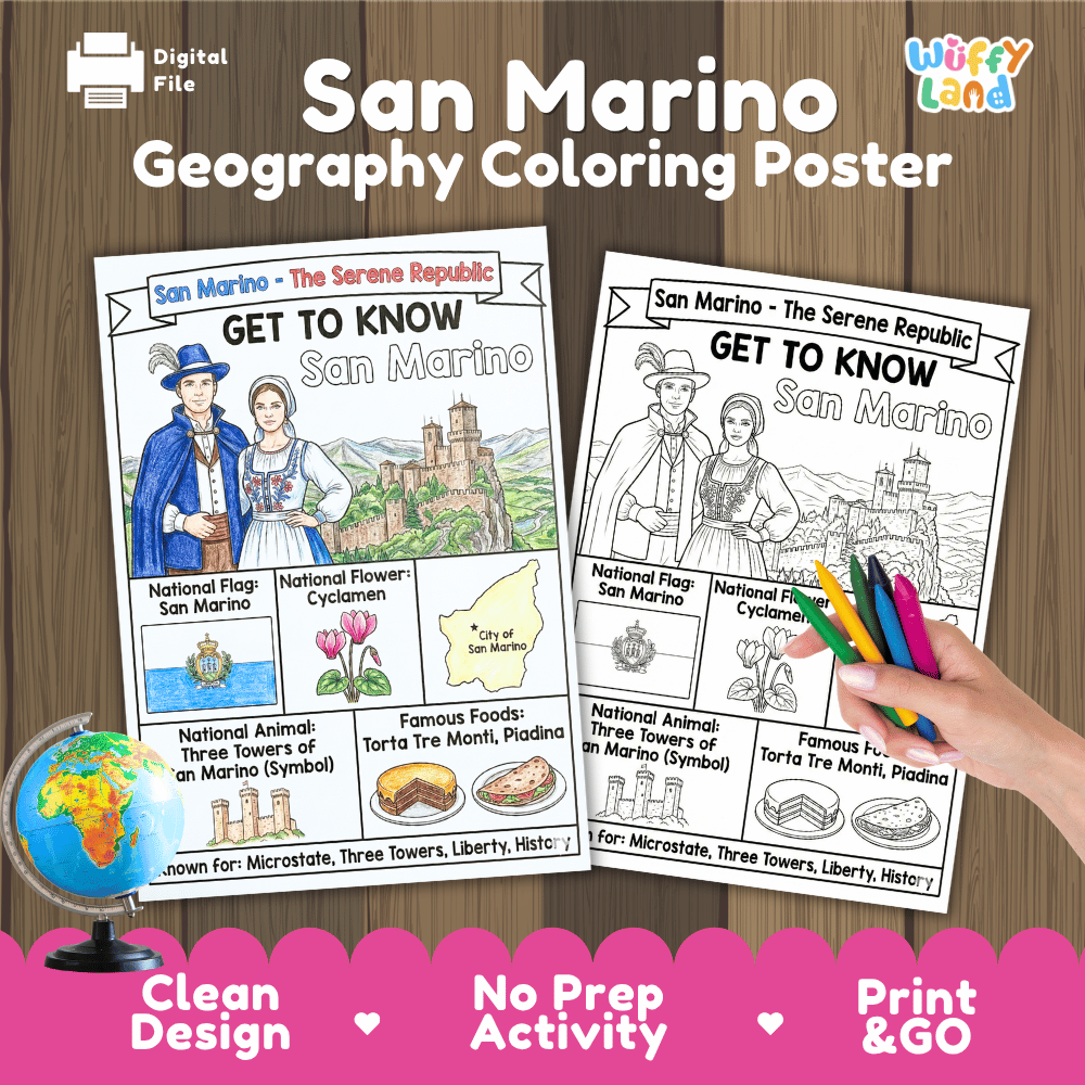 San Marino Geography Coloring Poster | Country Study Research Worksheet Activity