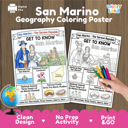 San Marino Geography Coloring Poster | Country Study Research Worksheet Activity