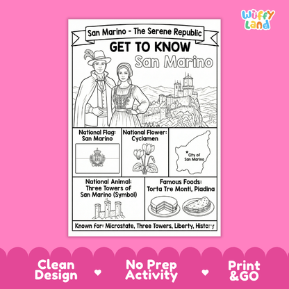 San Marino Geography Coloring Poster | Country Study Research Worksheet Activity