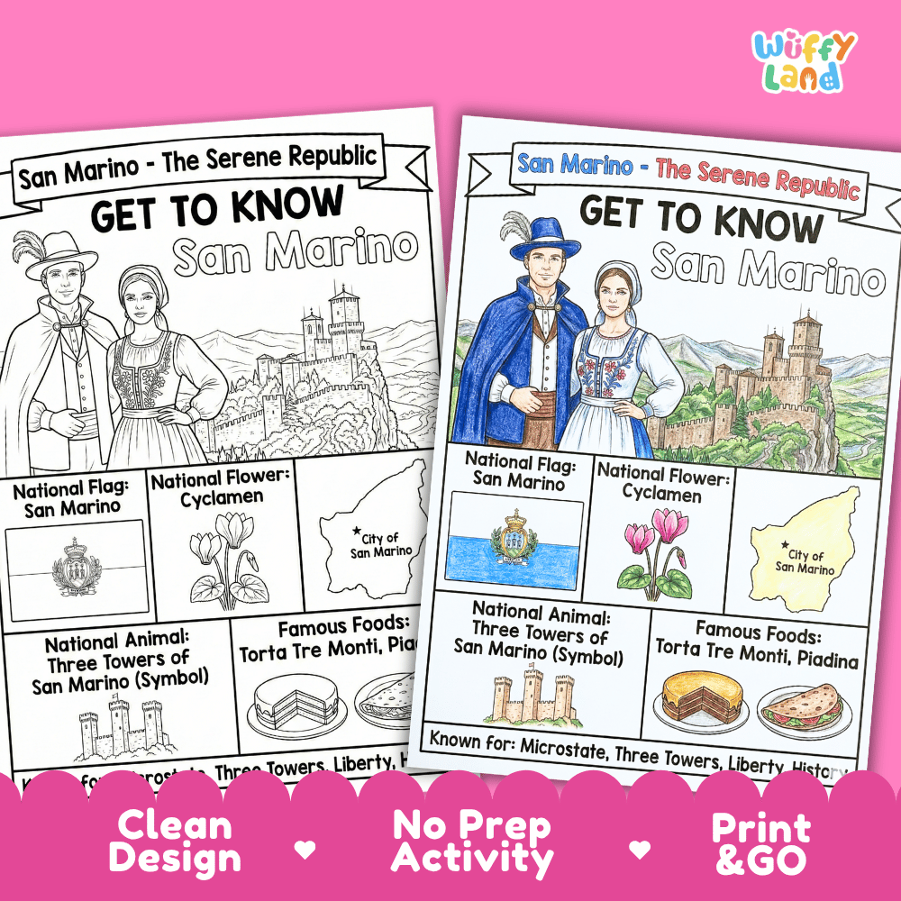 San Marino Geography Coloring Poster | Country Study Research Worksheet Activity