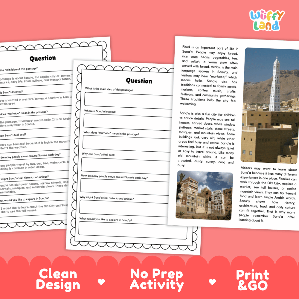 Student reading passage titled A City of Tall Old Houses detailing Sana'a Yemen Old City tower houses Souq al-Milh and mountain city photography