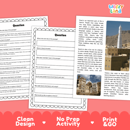 Student reading passage titled A City of Tall Old Houses detailing Sana'a Yemen Old City tower houses Souq al-Milh and mountain city photography