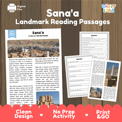 Sana'a landmark reading passage and comprehension worksheet educational unit featuring nonfiction text and authentic Old City Sana'a Yemen tower houses photography
