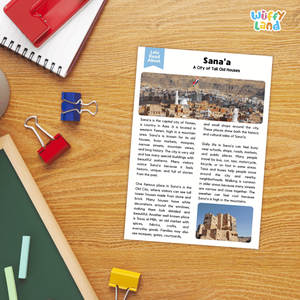 Lined reading comprehension question worksheet covering main ideas vocabulary terms and landmark facts about Sana'a Yemen